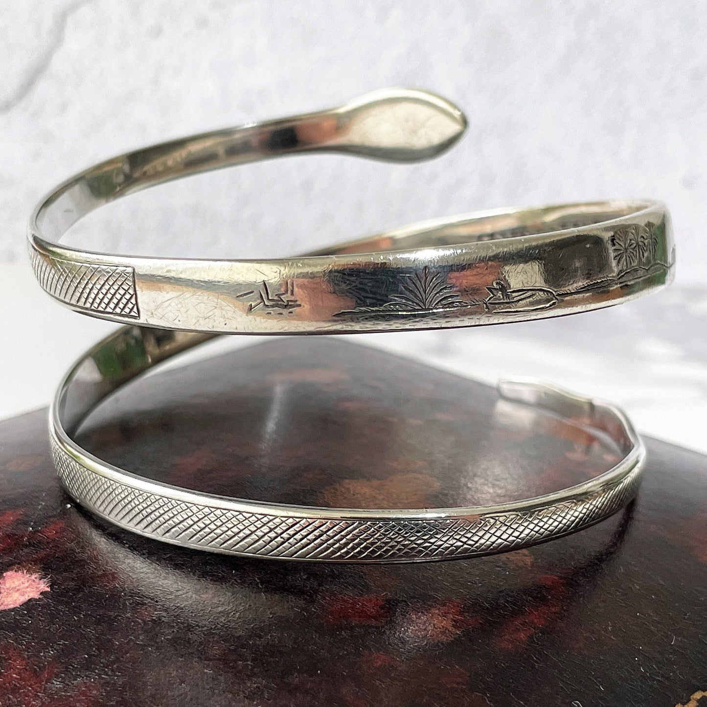 Art Deco 1930s Egyptian Revival Sterling Silver Snake Bracelet. Engraved "Fid Et Amore" 3- Coil Forearm Bangle. Antique Love Token Jewelry
