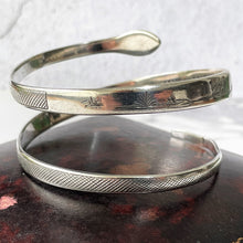 Load image into Gallery viewer, Art Deco 1930s Egyptian Revival Sterling Silver Snake Bracelet. Engraved &quot;Fid Et Amore&quot; 3- Coil Forearm Bangle. Antique Love Token Jewelry
