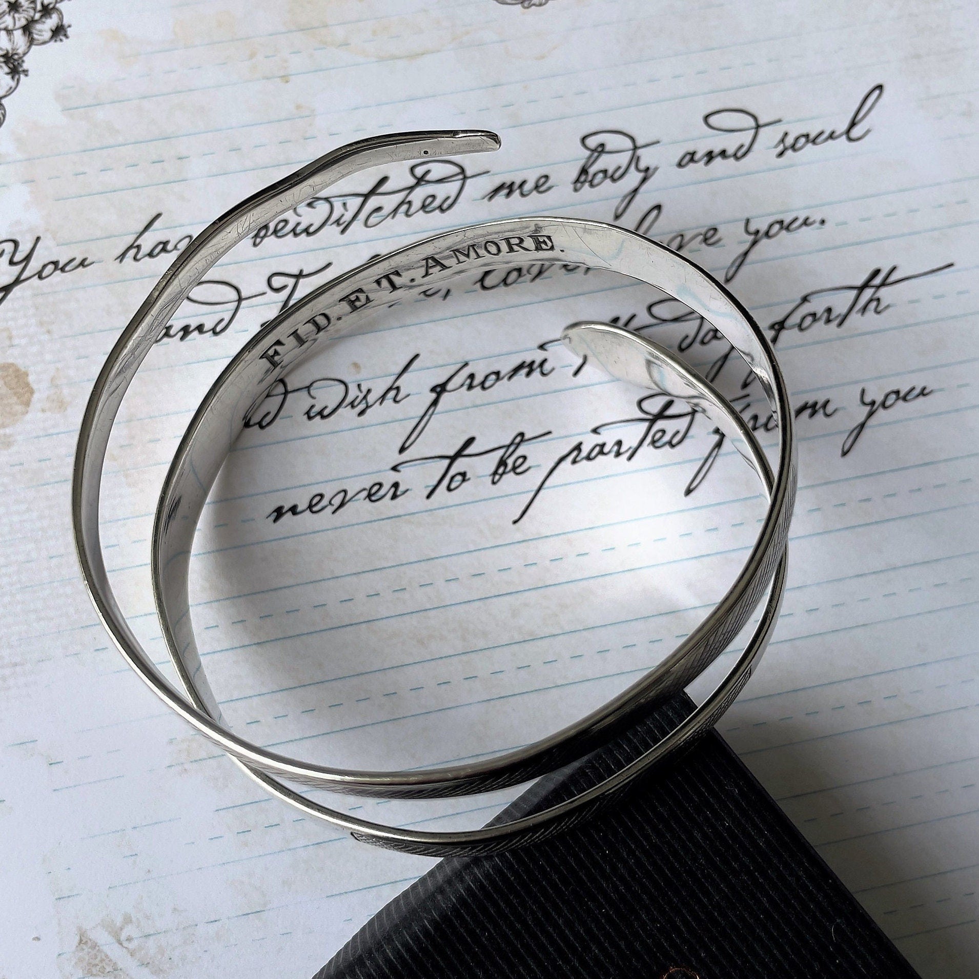 Art Deco 1930s Egyptian Revival Sterling Silver Snake Bracelet. Engraved "Fid Et Amore" 3- Coil Forearm Bangle. Antique Love Token Jewelry