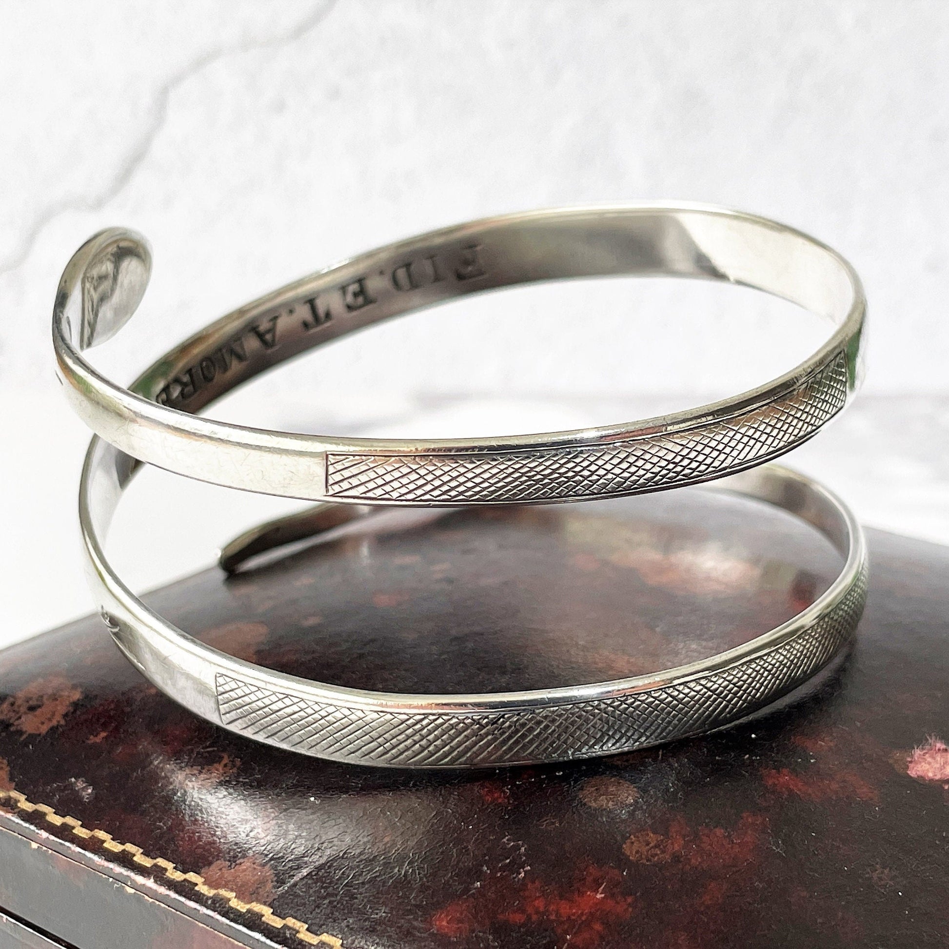 Art Deco 1930s Egyptian Revival Sterling Silver Snake Bracelet. Engraved "Fid Et Amore" 3- Coil Forearm Bangle. Antique Love Token Jewelry