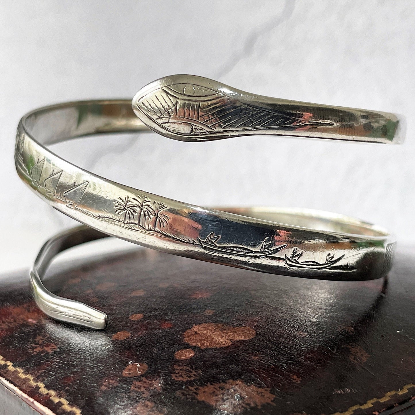 Art Deco 1930s Egyptian Revival Sterling Silver Snake Bracelet. Engraved "Fid Et Amore" 3- Coil Forearm Bangle. Antique Love Token Jewelry