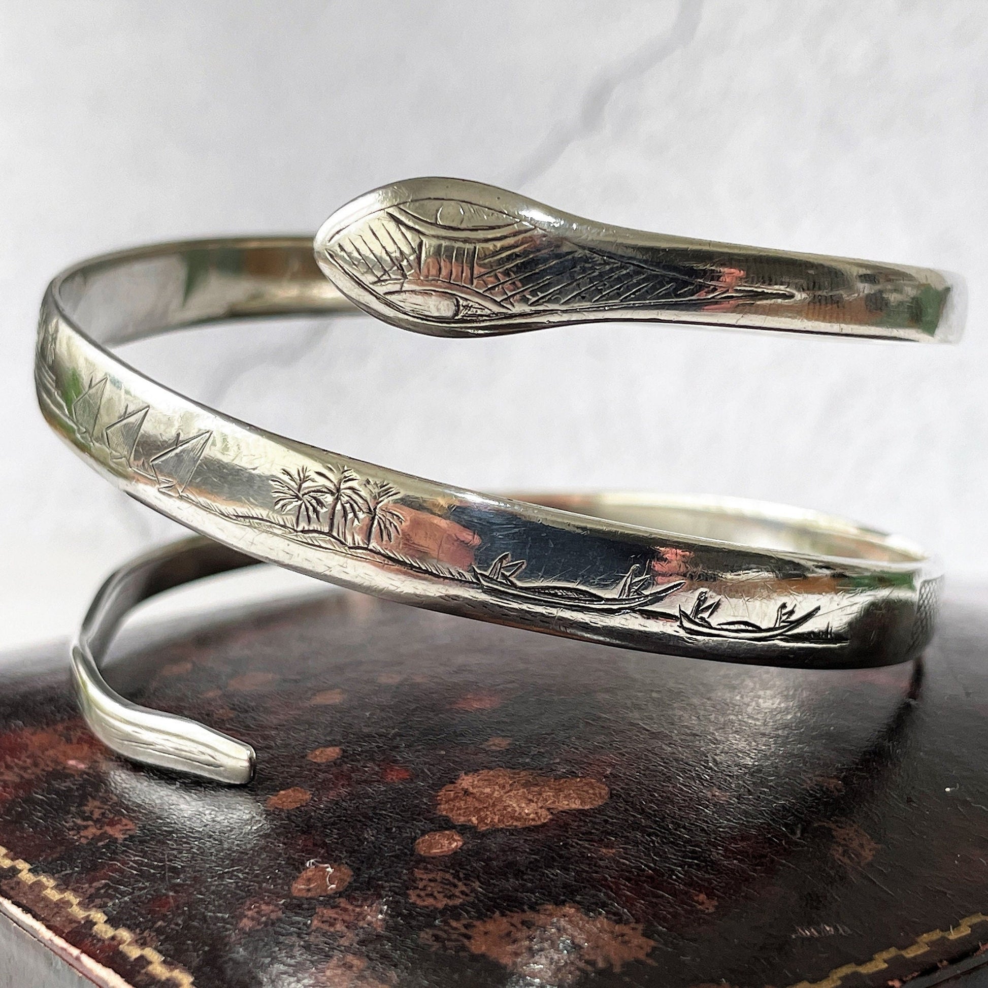 Art Deco 1930s Egyptian Revival Sterling Silver Snake Bracelet. Engraved "Fid Et Amore" 3- Coil Forearm Bangle. Antique Love Token Jewelry