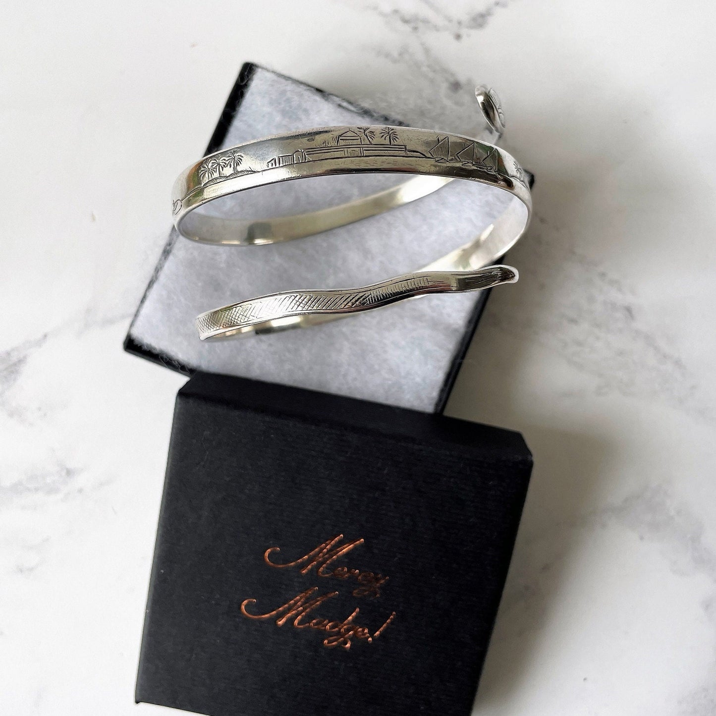 Art Deco 1930s Egyptian Revival Sterling Silver Snake Bracelet. Engraved "Fid Et Amore" 3- Coil Forearm Bangle. Antique Love Token Jewelry