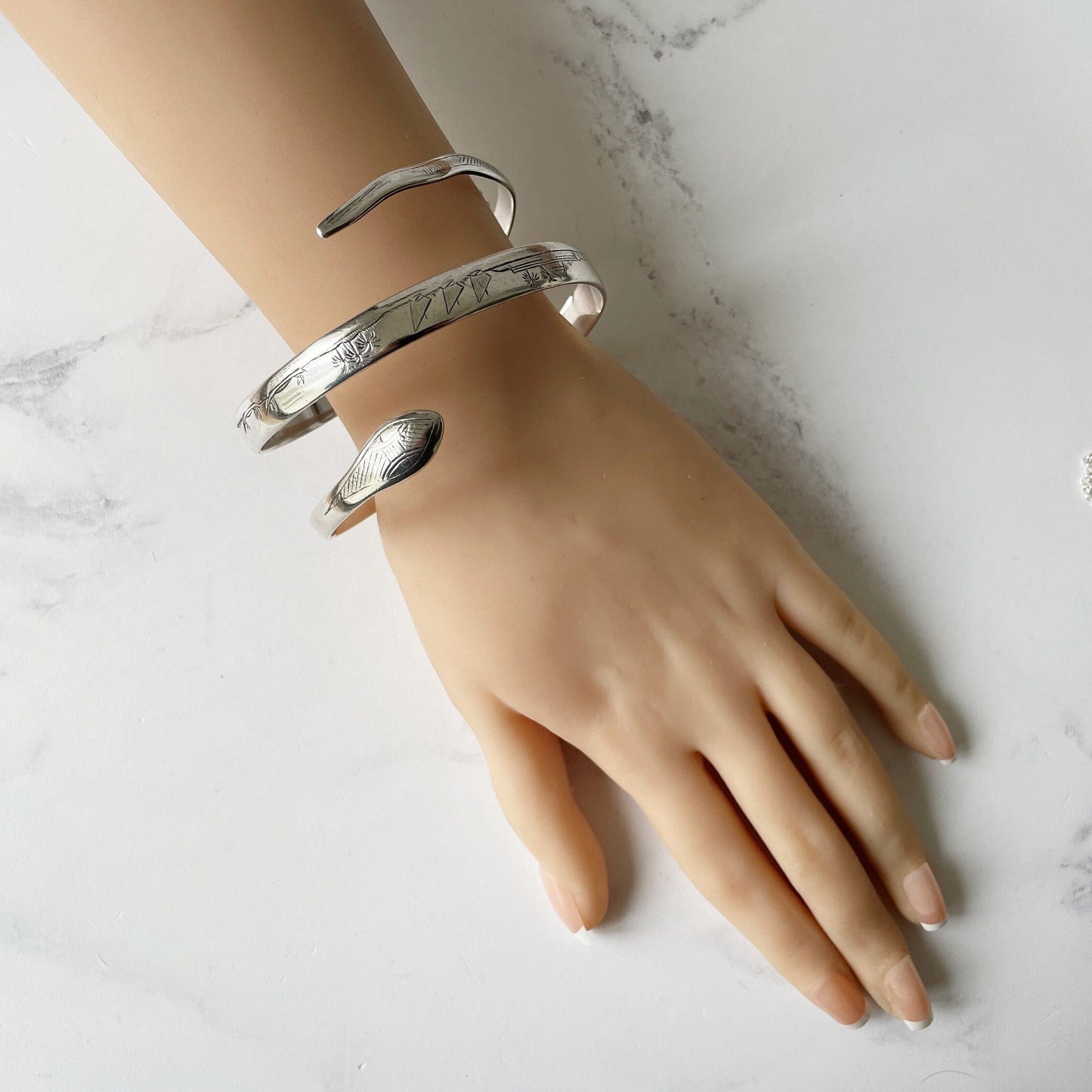 Art Deco 1930s Egyptian Revival Sterling Silver Snake Bracelet. Engraved "Fid Et Amore" 3- Coil Forearm Bangle. Antique Love Token Jewelry