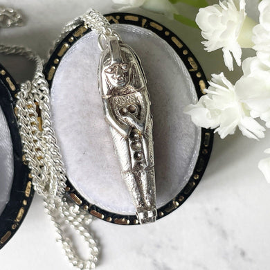 Vintage Sterling Silver Sarcophagus & Mummy Pendant On Chain. Rare 1960s 