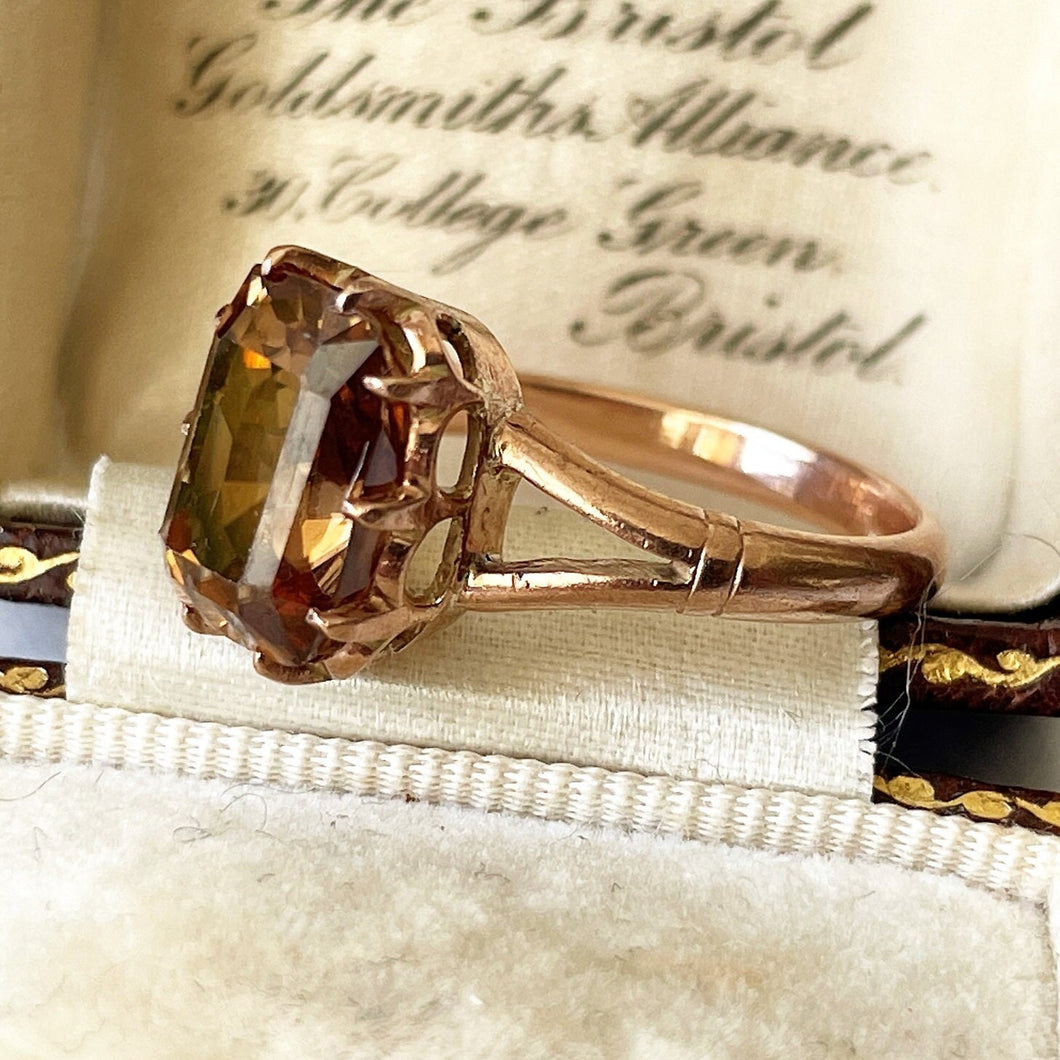 Antique Victorian 9ct Gold Scottish Citrine Ring. 4.50ct Baguette Cut Golden Brown Citrine Solitaire Ring. Rose Gold Scottish Cairngorm Ring