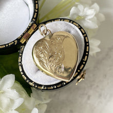 Lade das Bild in den Galerie-Viewer, Antique Edwardian 9ct Gold Heart Locket Pendant. Floral Engraved 9ct Gold Back &amp; Front Photo Locket. Antique Yellow Gold Love Heart Locket
