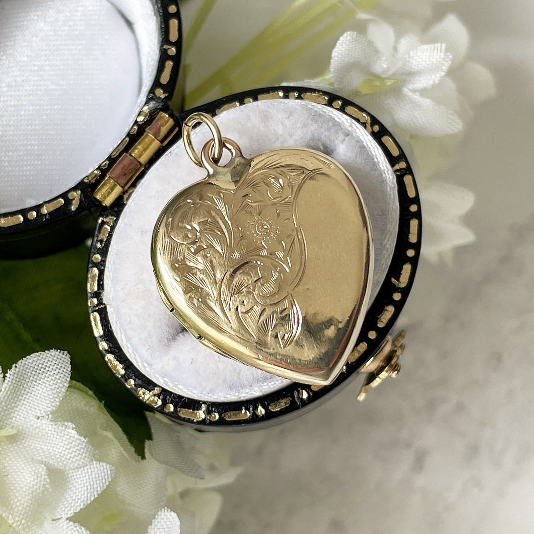Antique Edwardian 9ct Gold Heart Locket Pendant. Floral Engraved 9ct Gold Back & Front Photo Locket. Antique Yellow Gold Love Heart Locket