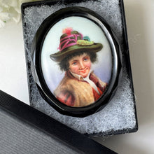 Load image into Gallery viewer, Antique Victorian Whitby Jet Large Portrait Brooch. Carved English Jet Hand-Painted &quot;Tyrolean Boy&quot; Oval Brooch. Victorian Jet Jewelry c1860
