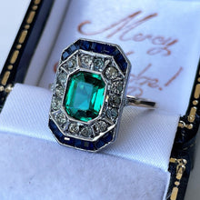 Load image into Gallery viewer, 1920s Art Deco Paste Emerald, Sapphire &amp; Diamond Ring. Antique 9ct Gold Square Emerald Cut Cocktail/Dress/Engagement Ring, Size N or 6-3/4
