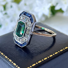 Load image into Gallery viewer, 1920s Art Deco Paste Emerald, Sapphire &amp; Diamond Ring. Antique 9ct Gold Square Emerald Cut Cocktail/Dress/Engagement Ring, Size N or 6-3/4
