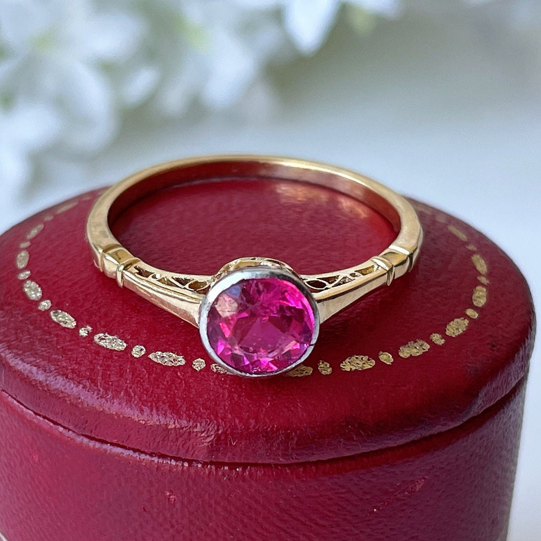 Antique Victorian 18ct Gold Pink Ruby Paste Ring. Antique 1.0ct Solitaire Ring. Platinum Bezel Set Antique Paste Gold Ring, Size M or 6.25