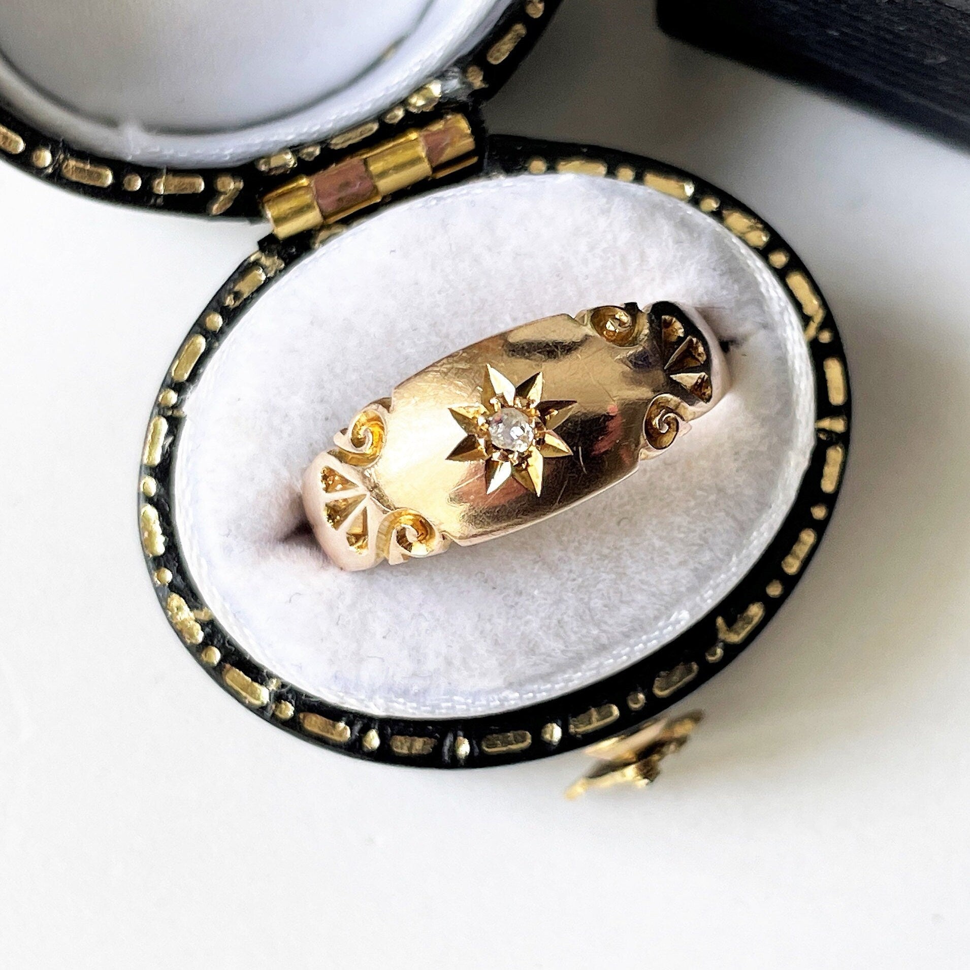 Antique 9ct Gold Old Mine Cut Diamond Ring, Chester 1903. Edwardian Star Set Solitaire Diamond Band Dome Ring. Yellow Gold Gypsy Ring