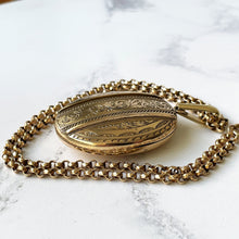 Charger l&#39;image dans la galerie, Antique Victorian Gold Pinchbeck Large Locket Necklace. Engraved Puffy Keepsake/Photo Locket. Book Chain Locket &amp; Belcher Chain, Circa 1850.
