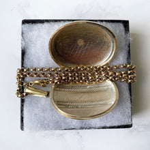 Load image into Gallery viewer, Antique Victorian Gold Pinchbeck Large Locket Necklace. Engraved Puffy Keepsake/Photo Locket. Book Chain Locket &amp; Belcher Chain, Circa 1850.
