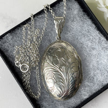 Load image into Gallery viewer, Vintage 1980s Floral Engraved Sterling Silver Locket. English Edwardian Revival Slim Oval Photo Frame Locket, Optional Sterling Silver Chain
