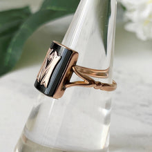 Load image into Gallery viewer, Art Deco 1934 Chester 9ct Gold Signet Ring. Vintage Rose Gold &amp; Black Agate Baguette Ring. Initial &#39;M&#39; Antique Gothic Signet Ring. Sz L/5.75
