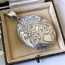 Load image into Gallery viewer, Antique Victorian Large Sterling Silver Locket. Aesthetic Engraved Rose &amp; Arabesque 2-Sided Oval Locket. Edwardian Locket With Period Photo
