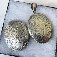Load image into Gallery viewer, Antique Victorian Large Sterling Silver Locket. Aesthetic Engraved Rose &amp; Arabesque 2-Sided Oval Locket. Edwardian Locket With Period Photo
