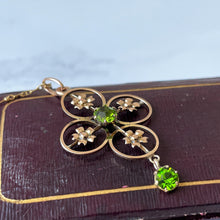 Load image into Gallery viewer, Antique Art Nouveau 9ct Gold Demantoid Garnet Pendant. Victorian/Edwardian Gold Quatrefoil Flower Pendant. Green Gemstone Drop Pendant.
