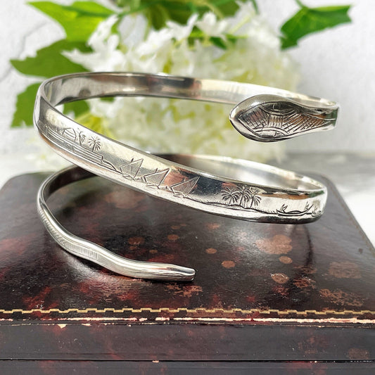Art Deco 1930s Egyptian Revival Sterling Silver Snake Bracelet. Engraved "Fid Et Amore" 3- Coil Forearm Bangle. Antique Love Token Jewelry