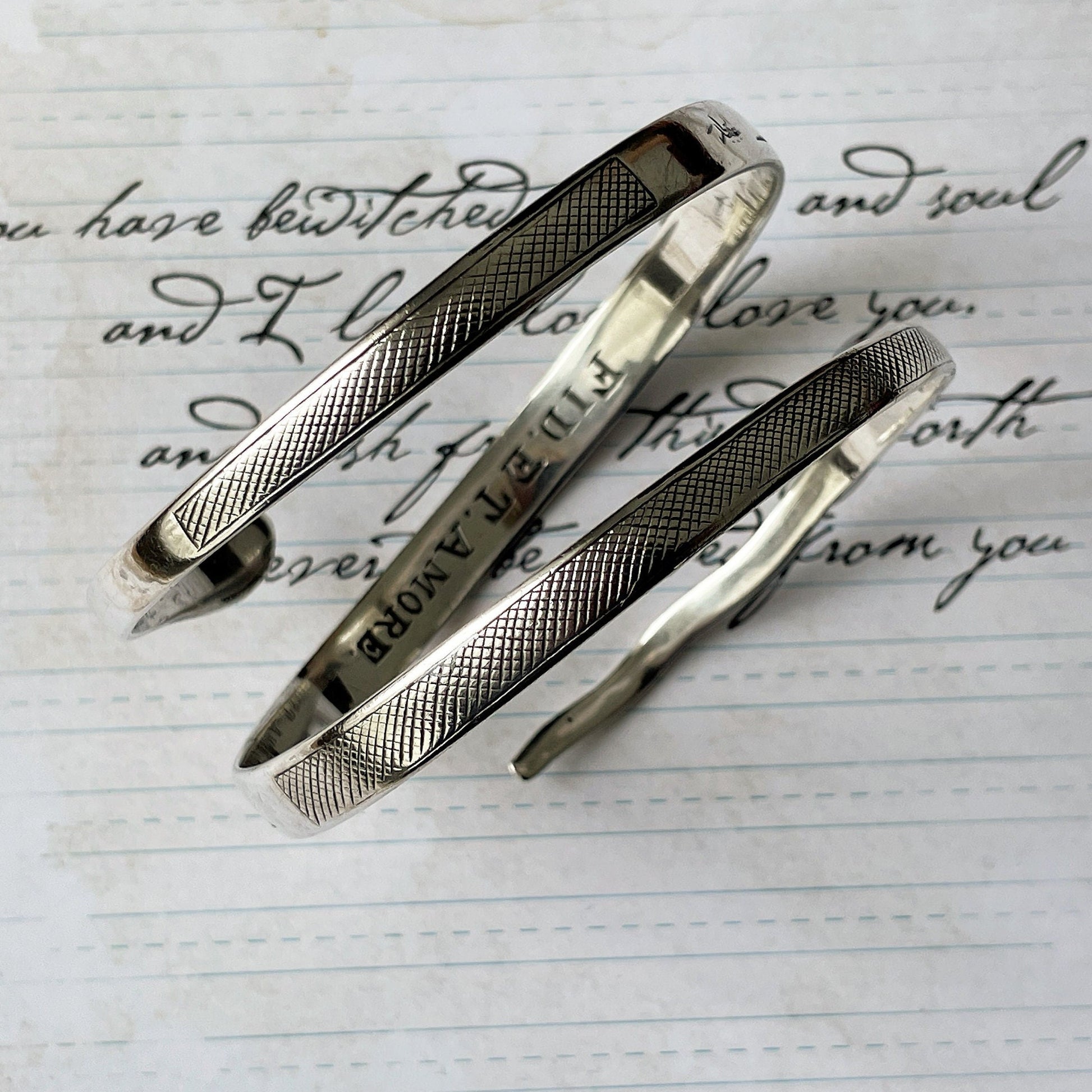 Art Deco 1930s Egyptian Revival Sterling Silver Snake Bracelet. Engraved "Fid Et Amore" 3- Coil Forearm Bangle. Antique Love Token Jewelry