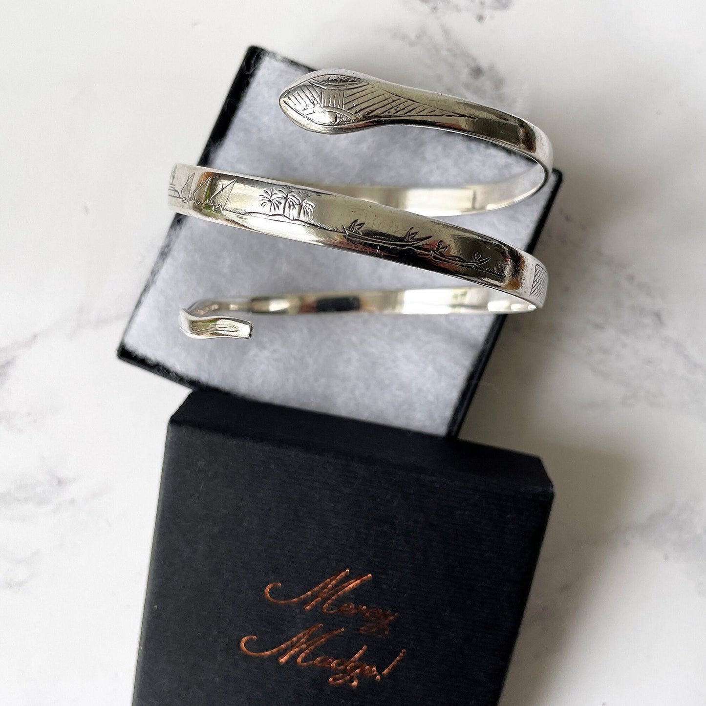 Art Deco 1930s Egyptian Revival Sterling Silver Snake Bracelet. Engraved "Fid Et Amore" 3- Coil Forearm Bangle. Antique Love Token Jewelry