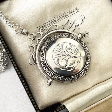 Vintage Victorian Style Silver Spinner Locket. Sterling Silver 2-Sided Round Spinning Pendant Locket. Antique Style Fob Pendant Locket