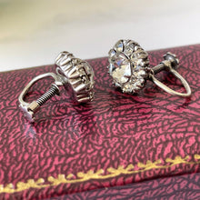 Load image into Gallery viewer, Antique Sterling Silver Paste Diamond Cluster Earrings. 1920s/30s Art Deco Screw Back Flower Earrings. Antique Paste Gemstone Jewellery
