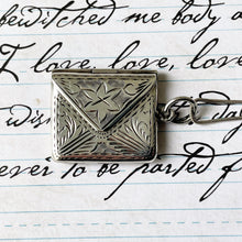 Load image into Gallery viewer, Vintage English Silver Stamp Case Pendant. Engraved Miniature Envelope Stamp Holder. Edwardian/Victorian Style Love Letter Keepsake Locket.
