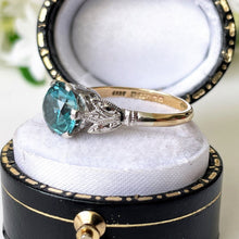 Load image into Gallery viewer, Vintage Blue Zircon Solitaire Ring, 9ct Gold. 1960s Retro 2-Carat Sky Blue Zircon Cocktail Ring. Art Deco Revivalist Engagement Ring.
