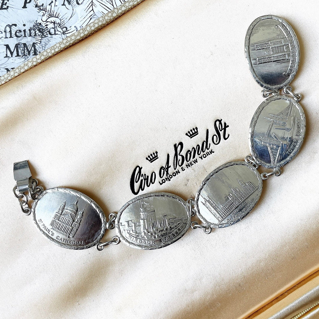 Vintage 1945 English Sterling Silver London Souvenir Bracelet: Windsor Castle, St Pauls, Westminster, Houses Of Parliament, Tower Bridge