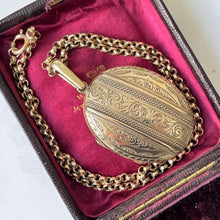 Load image into Gallery viewer, Antique Victorian Gold Pinchbeck Large Locket Necklace. Engraved Puffy Keepsake/Photo Locket. Book Chain Locket &amp; Belcher Chain, Circa 1850.
