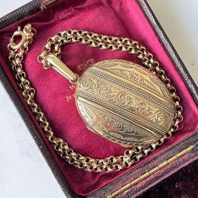 Antique Victorian Gold Pinchbeck Large Locket Necklace. Engraved Puffy Keepsake/Photo Locket. Book Chain Locket & Belcher Chain, Circa 1850.