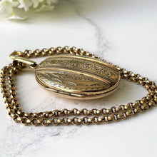 画像をギャラリービューアに読み込む, Antique Victorian Gold Pinchbeck Large Locket Necklace. Engraved Puffy Keepsake/Photo Locket. Book Chain Locket &amp; Belcher Chain, Circa 1850.
