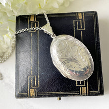 Load image into Gallery viewer, Vintage 1980s Floral Engraved Sterling Silver Locket. English Edwardian Revival Slim Oval Photo Frame Locket, Optional Sterling Silver Chain
