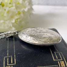 画像をギャラリービューアに読み込む, Vintage 1980s Floral Engraved Sterling Silver Locket. English Edwardian Revival Slim Oval Photo Frame Locket, Optional Sterling Silver Chain
