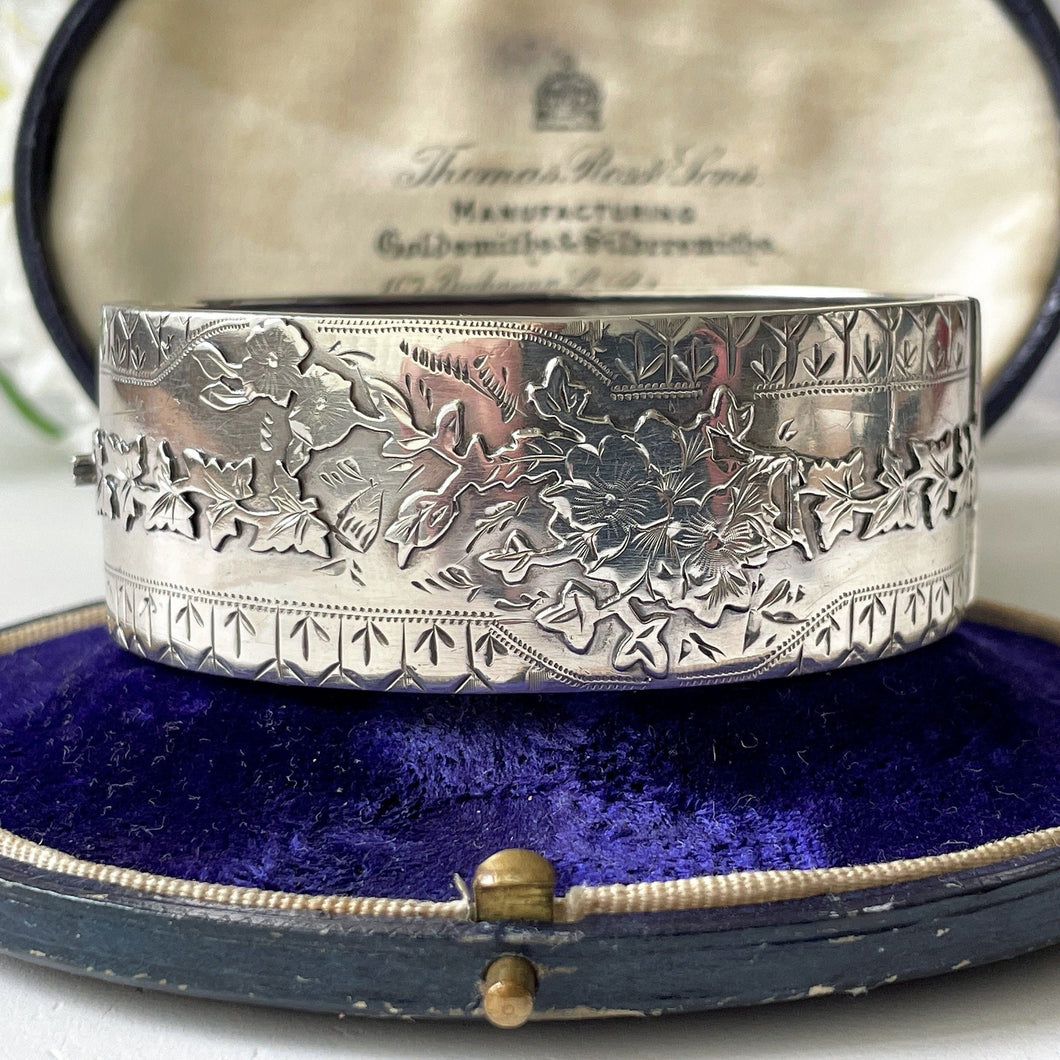 Victorian Sterling Silver Bracelet, Hallmarked 1896. Antique Aesthetic Engraved Floribunda & Ivy Hinged Bangle. Victorian Cuff Bracelet