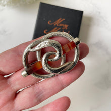 Load image into Gallery viewer, Victorian Scottish Silver Banded Agate Ouroboros Snake Brooch. Antique Lovers Knot/Eternity Celtic Brooch. Victorian Scottish Pebble Jewelry
