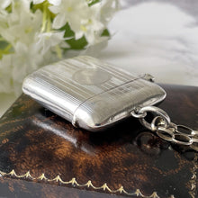 Carica l&#39;immagine nel visualizzatore di Gallery, Antique English Sterling Silver Vesta Case, circa 1913. Edwardian Novelty Hip Flask Vesta Keepsake Pendant. Machine Engraved Match Safe Fob.
