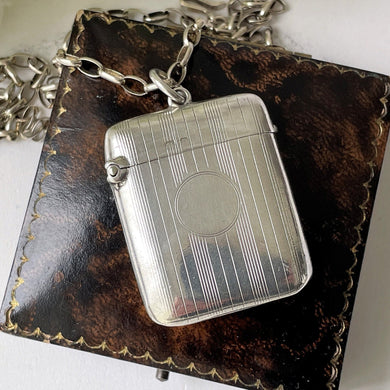 Antique English Sterling Silver Vesta Case, circa 1913. Edwardian Novelty Hip Flask Vesta Keepsake Pendant. Machine Engraved Match Safe Fob.