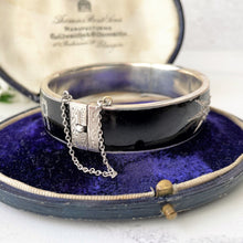 Charger l&#39;image dans la galerie, Victorian Silver &amp; Black Enamel Pearl Star Mourning Bracelet Cuff. Antique Engraved &quot;Gott Mit Dir&quot;- God Be With You- Sterling Silver Bangle.
