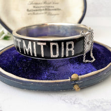 Lade das Bild in den Galerie-Viewer, Victorian Silver &amp; Black Enamel Pearl Star Mourning Bracelet Cuff. Antique Engraved &quot;Gott Mit Dir&quot;- God Be With You- Sterling Silver Bangle.

