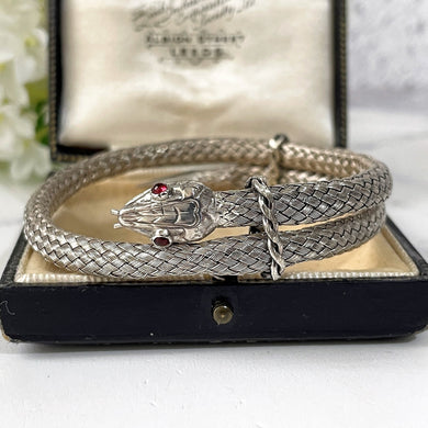 Georgian Ruby & Silver Coil Snake Bracelet. Antique Woven Sterling Silver Serpent Bracelet. Victorian Love Token Sentimental Jewelry c1830