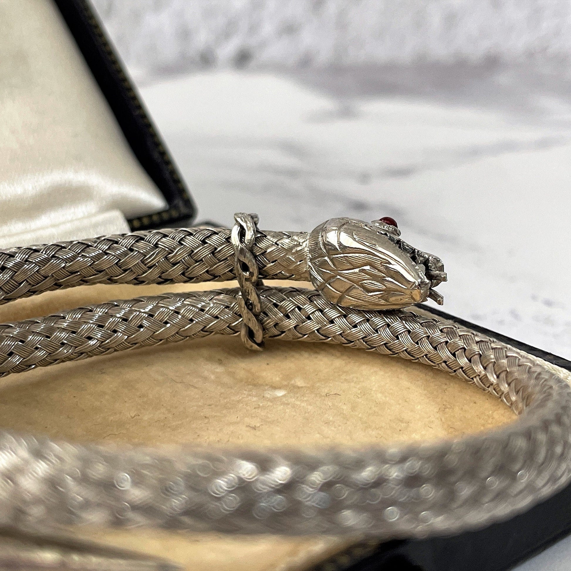 Georgian Ruby & Silver Coil Snake Bracelet. Antique Woven Sterling Silver Serpent Bracelet. Victorian Love Token Sentimental Jewelry c1830