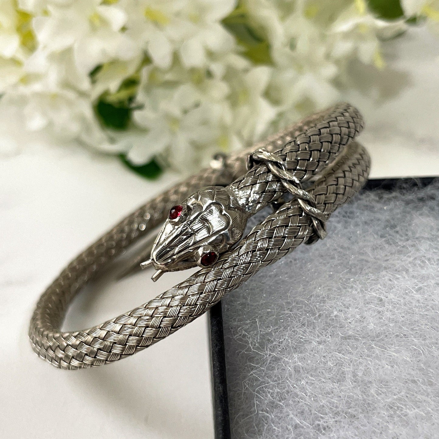Georgian Ruby & Silver Coil Snake Bracelet. Antique Woven Sterling Silver Serpent Bracelet. Victorian Love Token Sentimental Jewelry c1830