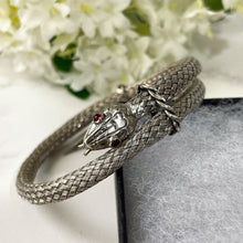 Load image into Gallery viewer, Georgian Ruby &amp; Silver Coil Snake Bracelet. Antique Woven Sterling Silver Serpent Bracelet. Victorian Love Token Sentimental Jewelry c1830
