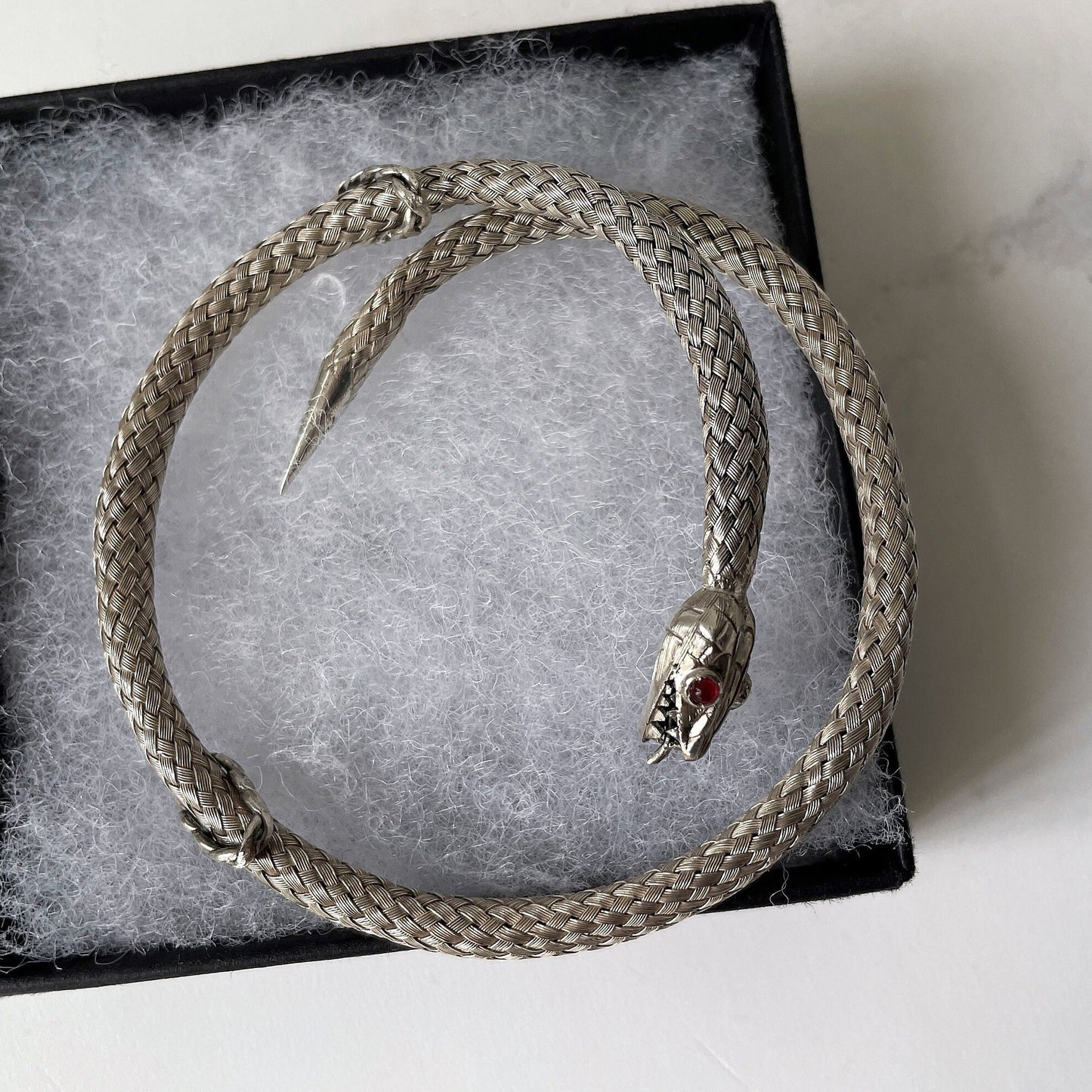 Georgian Ruby & Silver Coil Snake Bracelet. Antique Woven Sterling Silver Serpent Bracelet. Victorian Love Token Sentimental Jewelry c1830