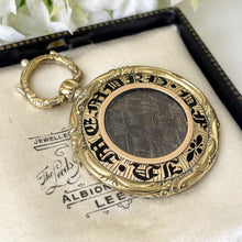 Load image into Gallery viewer, Antique Victorian 9ct Gold &amp; Enamel Bee Mourning Locket Pendant. Georgian Engraved Embossed &quot;In Memory Of&quot; Pendant With Hair Compartment.
