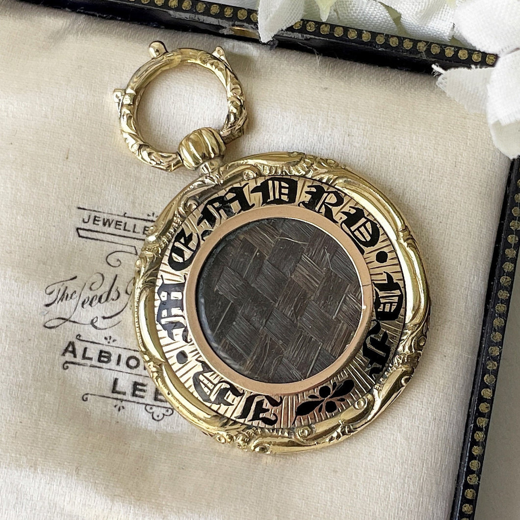 Antique Victorian 9ct Gold & Enamel Bee Mourning Locket Pendant. Georgian Engraved Embossed 